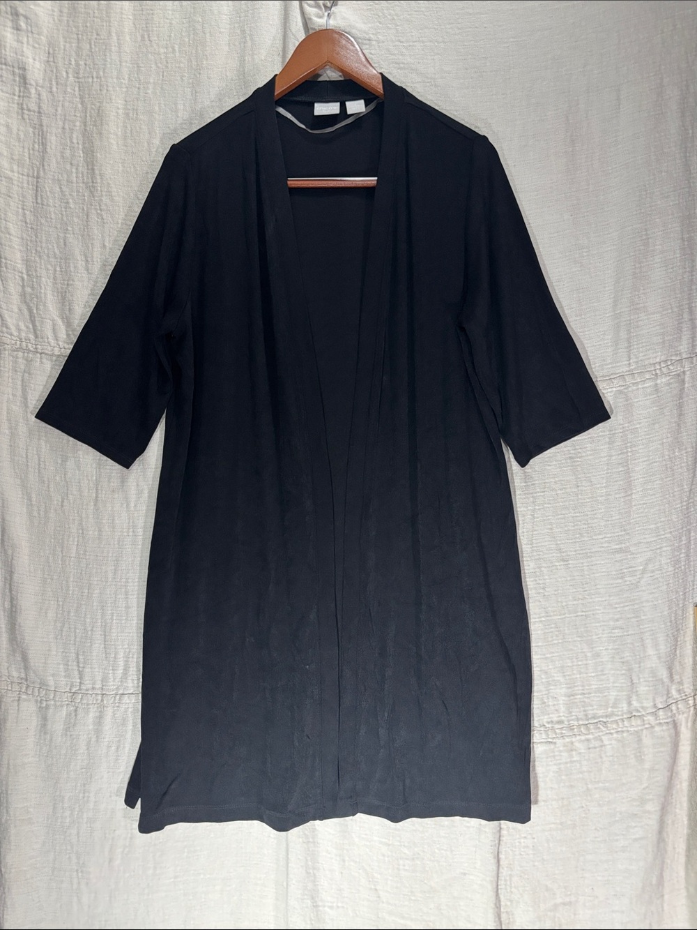 Chico's Black Slinky Knit Open-Front Cardigan Elbow Sleeve 2 Large Minimalist